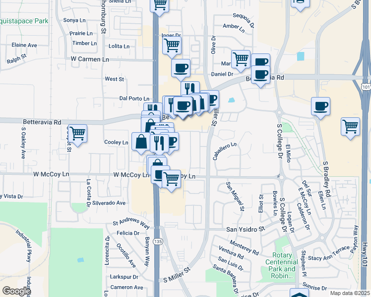 map of restaurants, bars, coffee shops, grocery stores, and more near 2301 Nightshade Lane in Santa Maria
