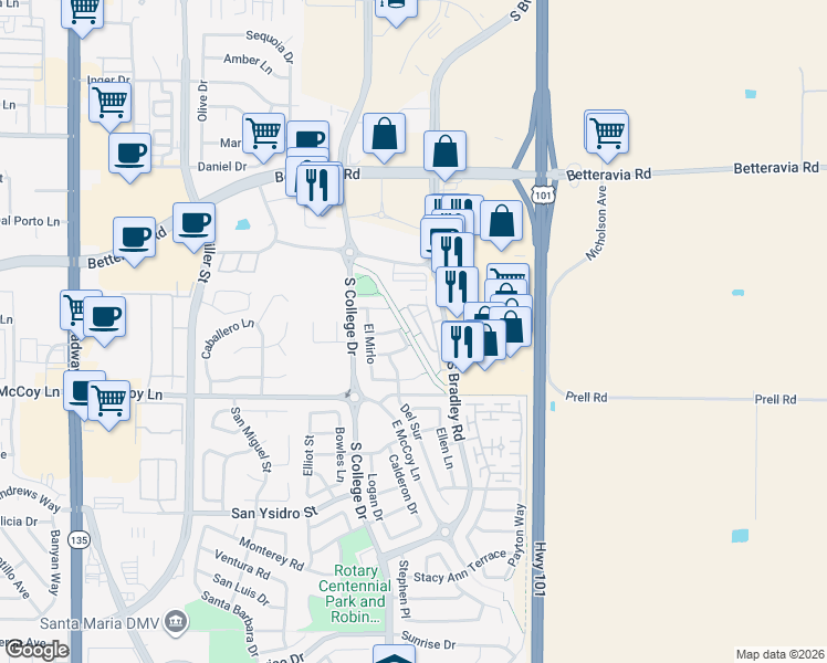 map of restaurants, bars, coffee shops, grocery stores, and more near 2223 Lily Lane in Santa Maria