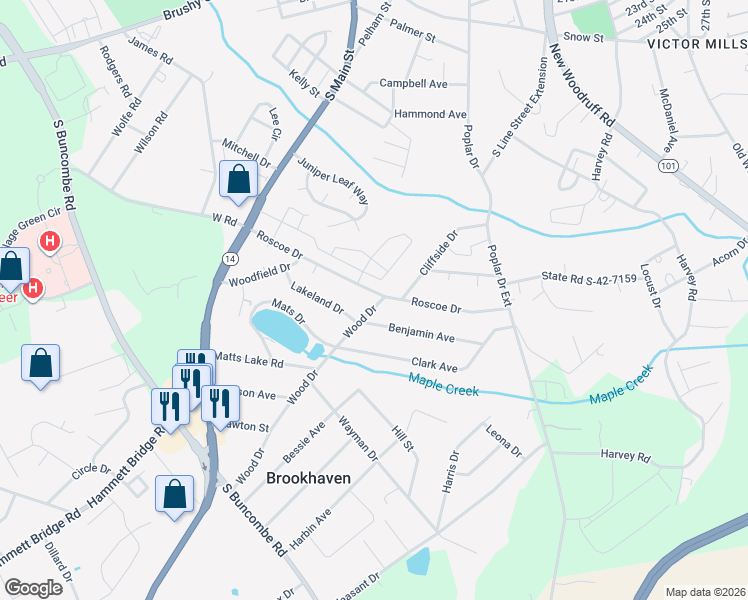 map of restaurants, bars, coffee shops, grocery stores, and more near 220 Roscoe Drive in Greer