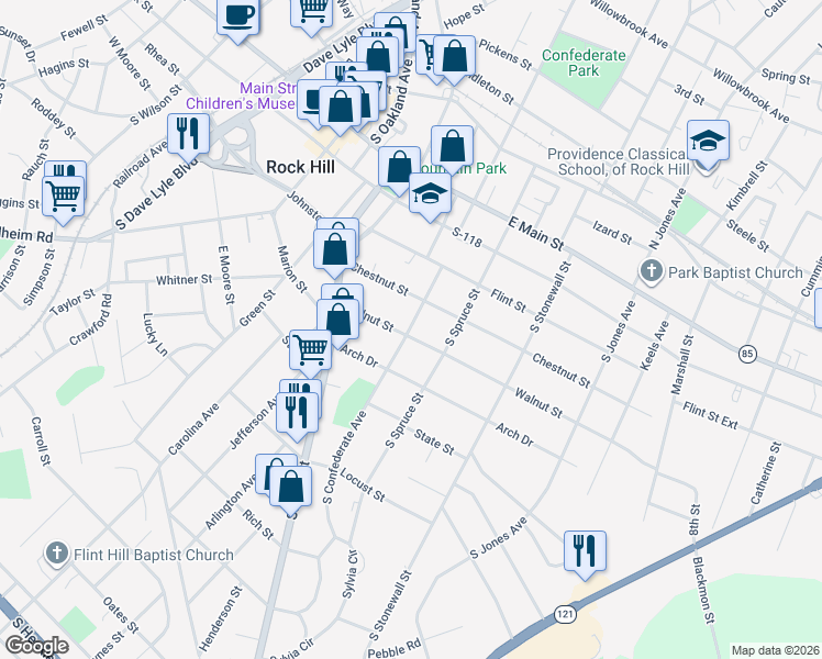 map of restaurants, bars, coffee shops, grocery stores, and more near 432 South Confederate Avenue in Rock Hill
