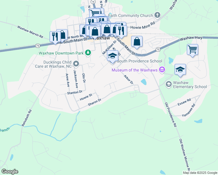 map of restaurants, bars, coffee shops, grocery stores, and more near 1386 Wall Street in Waxhaw