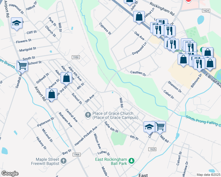 map of restaurants, bars, coffee shops, grocery stores, and more near 377 Mill Road in Rockingham