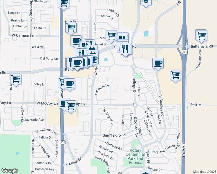 map of restaurants, bars, coffee shops, grocery stores, and more near 2230 Caballero Lane in Santa Maria