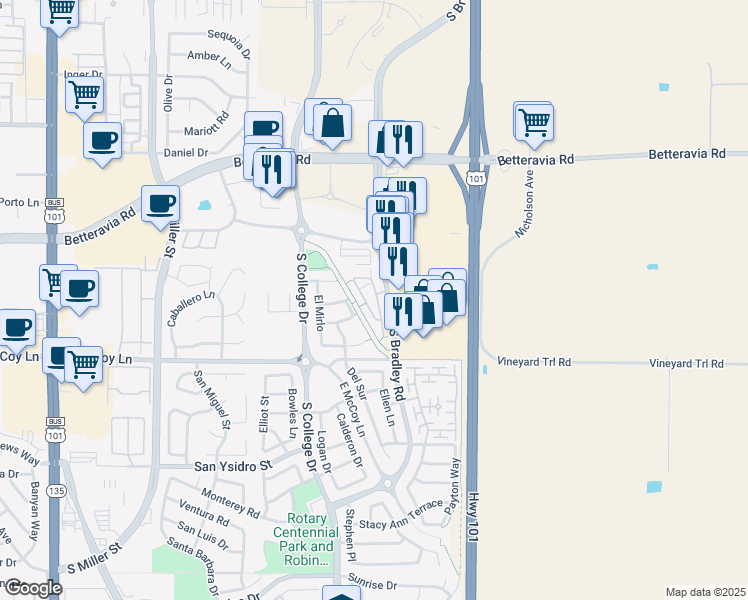 map of restaurants, bars, coffee shops, grocery stores, and more near 2235 Cottage Lane North in Santa Maria