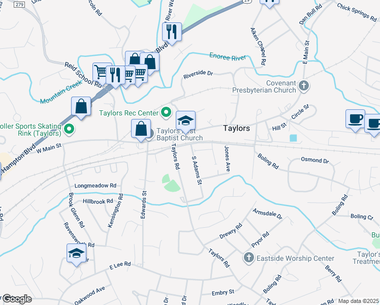 map of restaurants, bars, coffee shops, grocery stores, and more near 4 South Adams Street in Taylors