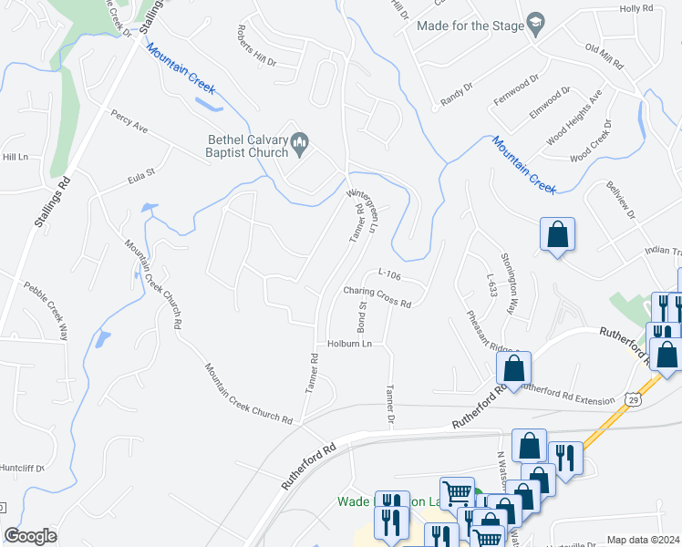 map of restaurants, bars, coffee shops, grocery stores, and more near 5 Wintergreen Lane in Taylors