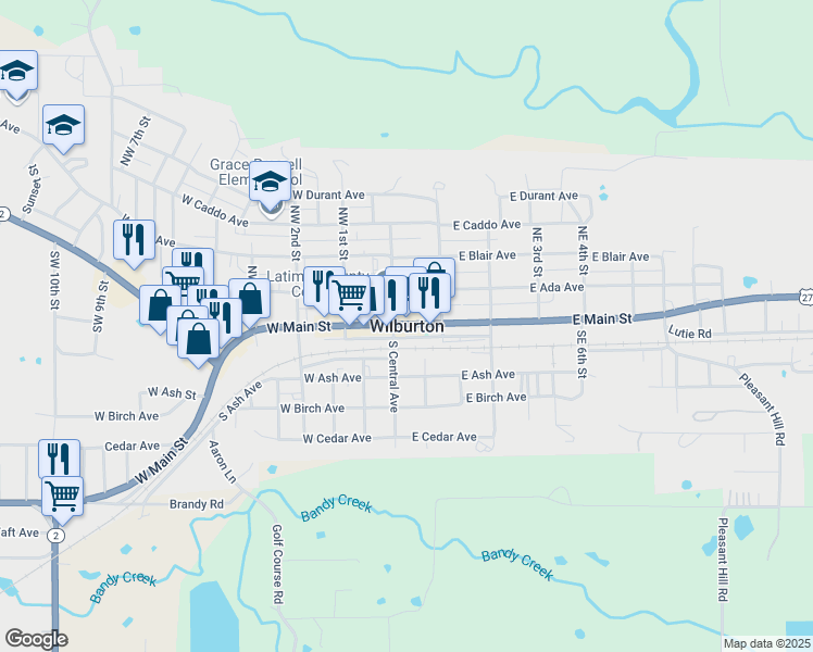 map of restaurants, bars, coffee shops, grocery stores, and more near in Wilburton