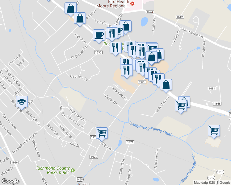 map of restaurants, bars, coffee shops, grocery stores, and more near 113 Shannon Drive in Rockingham