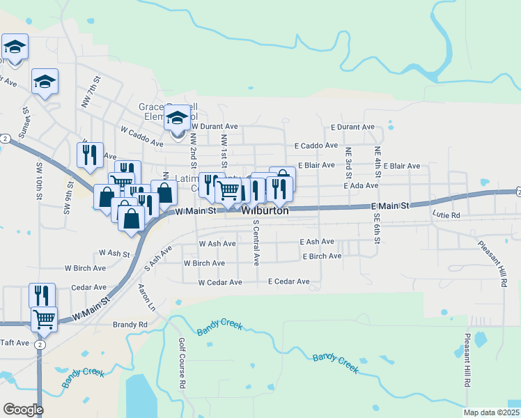 map of restaurants, bars, coffee shops, grocery stores, and more near 111 East Main Street in Wilburton