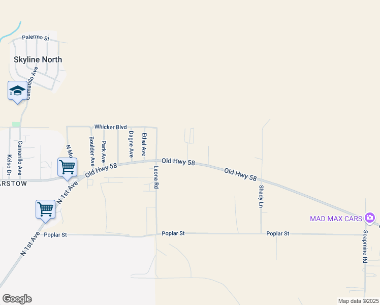 map of restaurants, bars, coffee shops, grocery stores, and more near 30224 Old Highway 58 in Barstow
