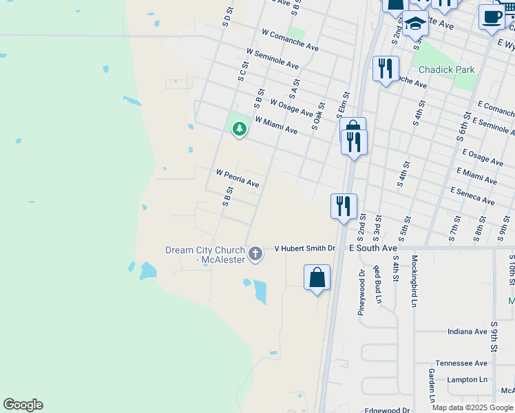 map of restaurants, bars, coffee shops, grocery stores, and more near 1400 South A Street in McAlester