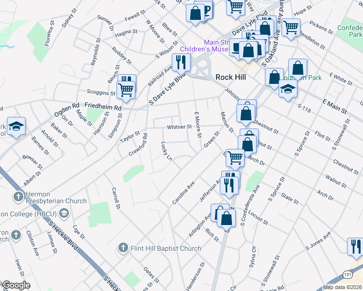 map of restaurants, bars, coffee shops, grocery stores, and more near 610 Clarinda Street in Rock Hill