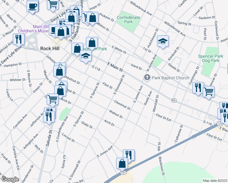 map of restaurants, bars, coffee shops, grocery stores, and more near 556 1/2 Flint Street in Rock Hill