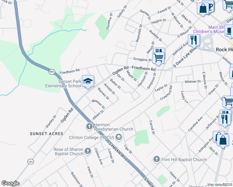 map of restaurants, bars, coffee shops, grocery stores, and more near 312 Arnold Street in Rock Hill
