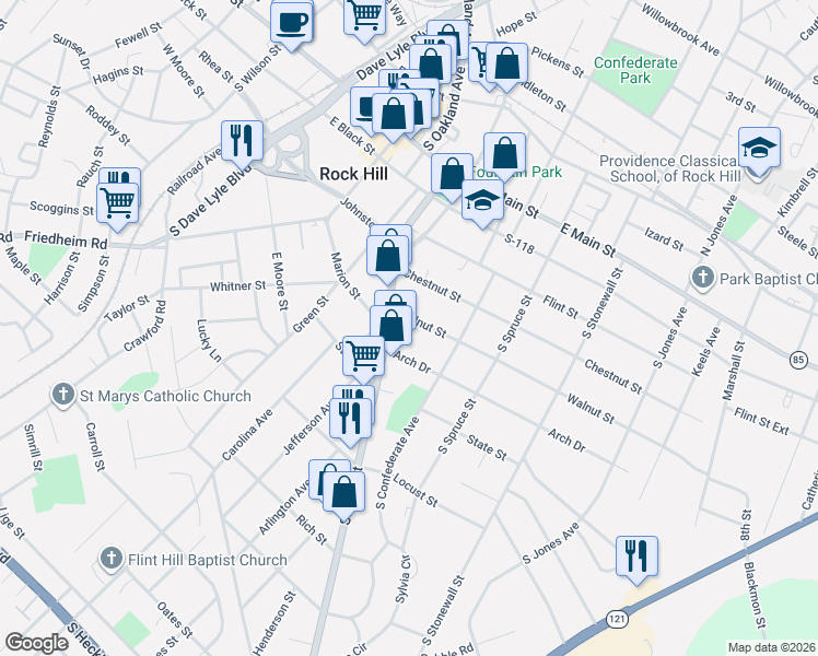 map of restaurants, bars, coffee shops, grocery stores, and more near 326 Walnut Street in Rock Hill