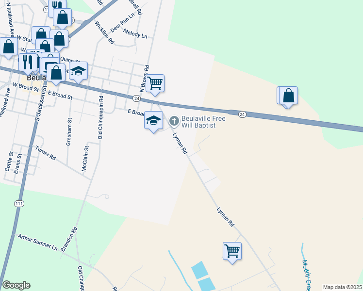 map of restaurants, bars, coffee shops, grocery stores, and more near Lyman Road in Beulaville