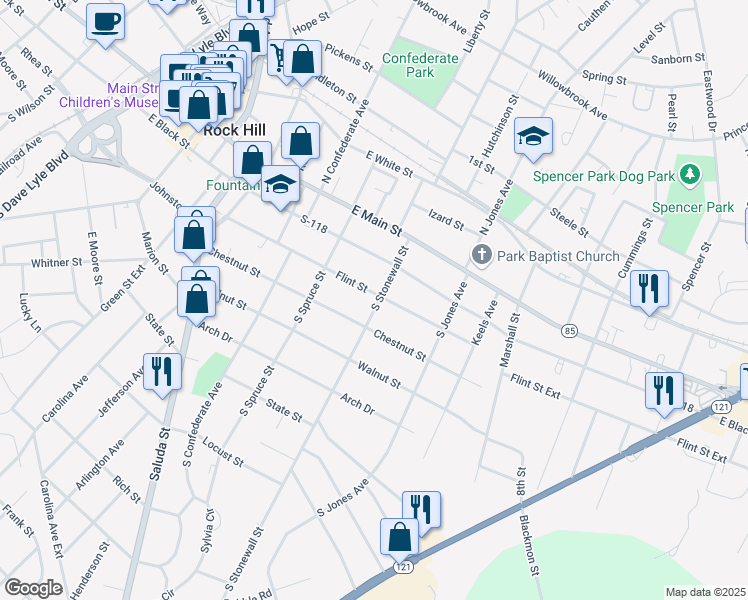 map of restaurants, bars, coffee shops, grocery stores, and more near 556 Flint Street in Rock Hill