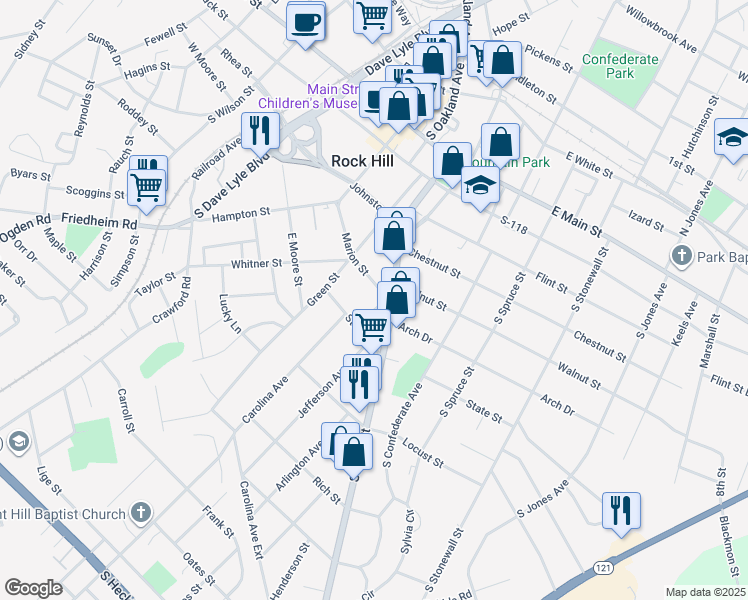 map of restaurants, bars, coffee shops, grocery stores, and more near 523 Saluda Street in Rock Hill
