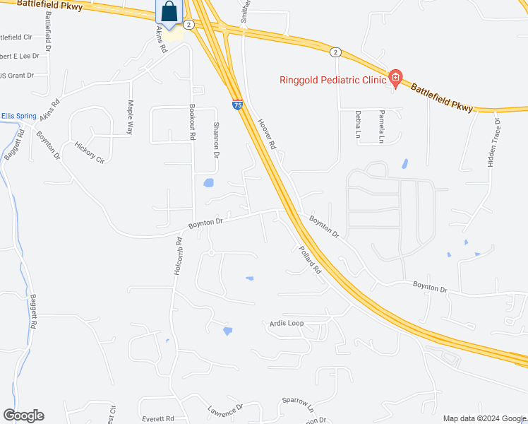 map of restaurants, bars, coffee shops, grocery stores, and more near 11 Hullander Terrace in Ringgold