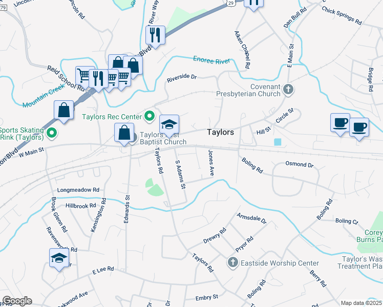 map of restaurants, bars, coffee shops, grocery stores, and more near 4 South Adams Street in Taylors