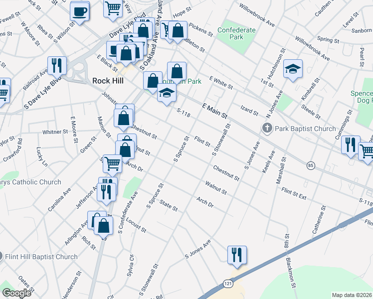map of restaurants, bars, coffee shops, grocery stores, and more near 524 Chestnut Street in Rock Hill