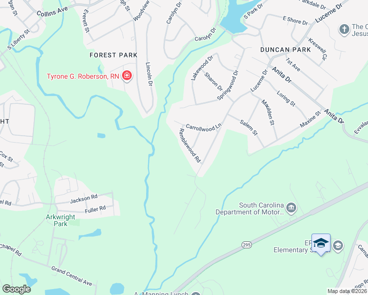 map of restaurants, bars, coffee shops, grocery stores, and more near 109 Ramblewood Road in Spartanburg
