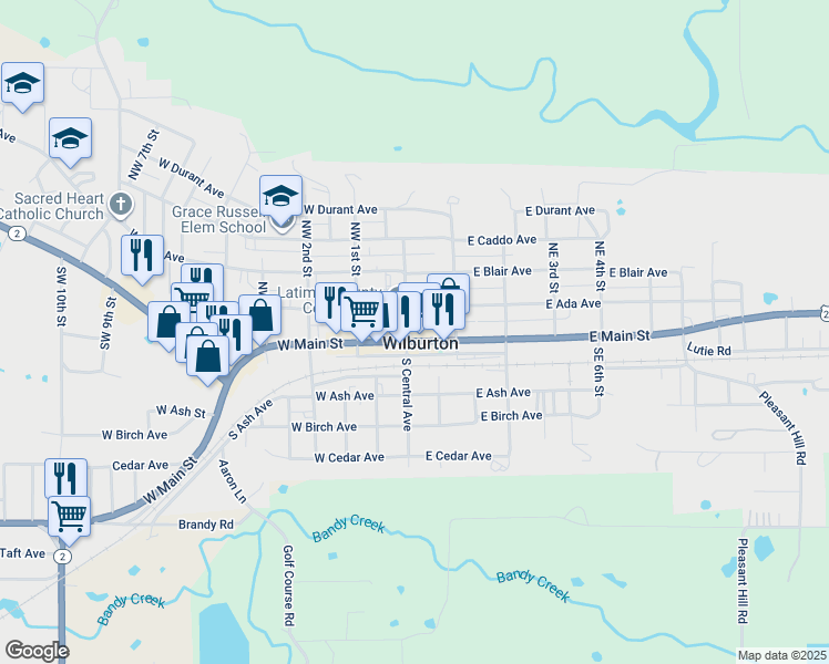 map of restaurants, bars, coffee shops, grocery stores, and more near 111 East Main Street in Wilburton