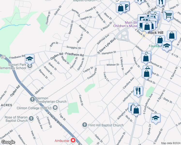 map of restaurants, bars, coffee shops, grocery stores, and more near 641 Crawford Road in Rock Hill