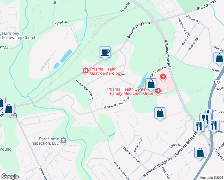 map of restaurants, bars, coffee shops, grocery stores, and more near 505 Meadow Hill Way in Greer