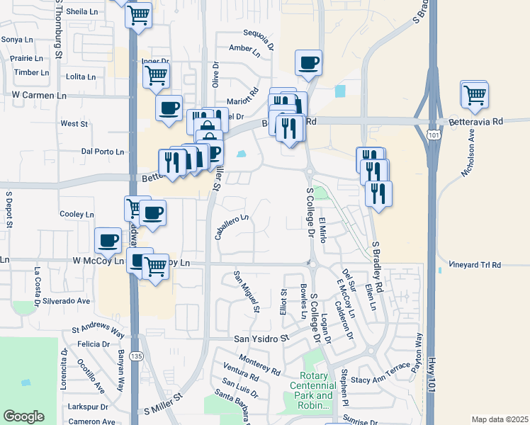 map of restaurants, bars, coffee shops, grocery stores, and more near 533 Cabo San Lucas Circle in Santa Maria