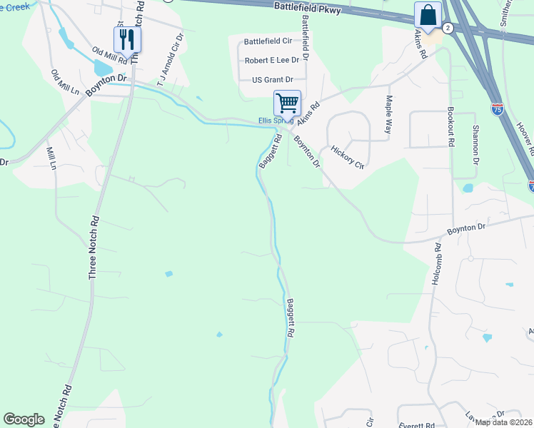 map of restaurants, bars, coffee shops, grocery stores, and more near 325 Baggett Road in Ringgold