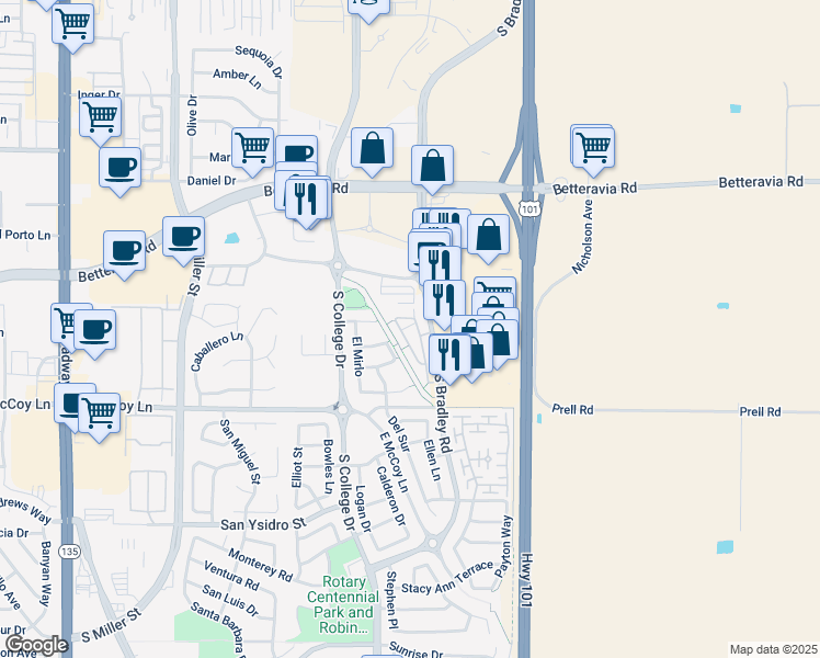 map of restaurants, bars, coffee shops, grocery stores, and more near 2211 Cottage Lane North in Santa Maria