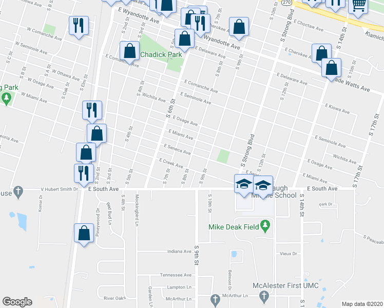 map of restaurants, bars, coffee shops, grocery stores, and more near 1101 South 8th Street in McAlester