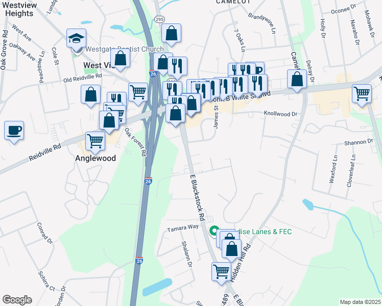 map of restaurants, bars, coffee shops, grocery stores, and more near 26 Villa Lane in Spartanburg