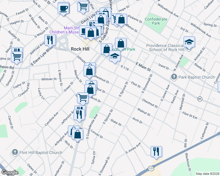 map of restaurants, bars, coffee shops, grocery stores, and more near 432 South Confederate Avenue in Rock Hill