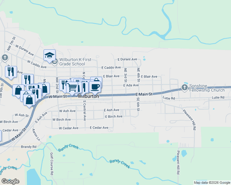 map of restaurants, bars, coffee shops, grocery stores, and more near 302 East Main Street in Wilburton