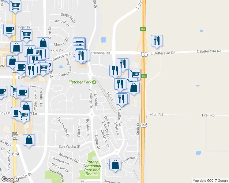 map of restaurants, bars, coffee shops, grocery stores, and more near 845 Iris Lane in Santa Maria