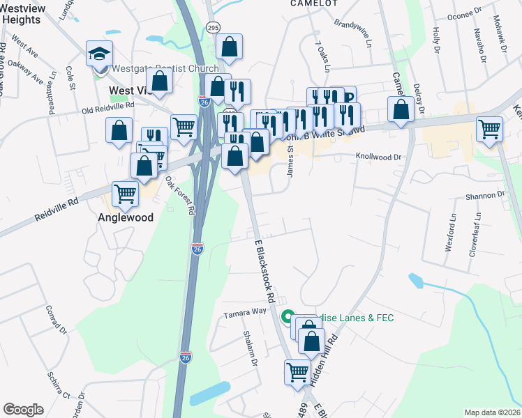 map of restaurants, bars, coffee shops, grocery stores, and more near 26 Villa Lane in Spartanburg