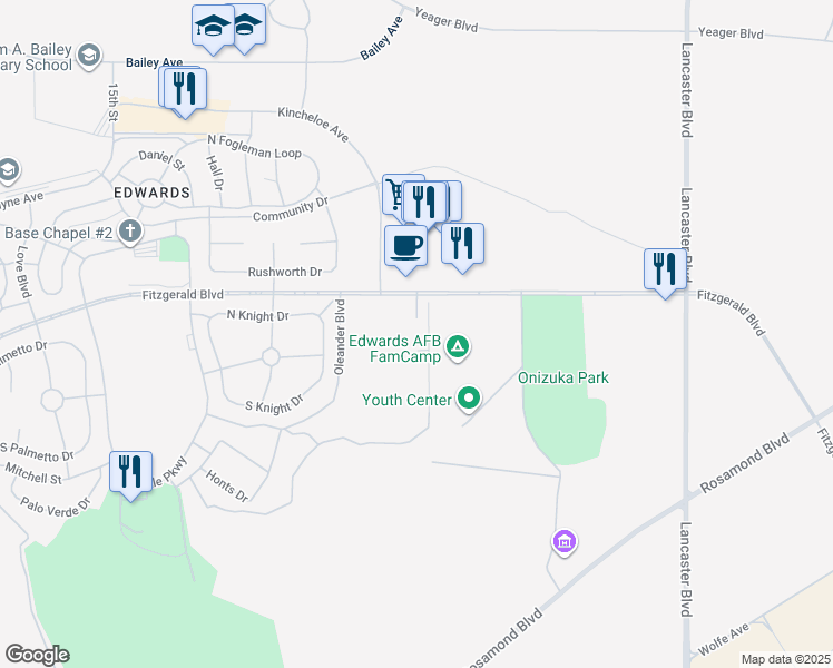 map of restaurants, bars, coffee shops, grocery stores, and more near 1 Locust Avenue in Edwards Air Force Base