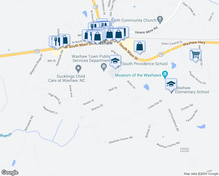 map of restaurants, bars, coffee shops, grocery stores, and more near 1379 Wall Street in Waxhaw