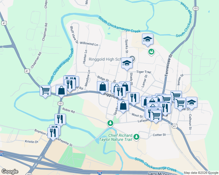 map of restaurants, bars, coffee shops, grocery stores, and more near 288 Guyler Street in Ringgold