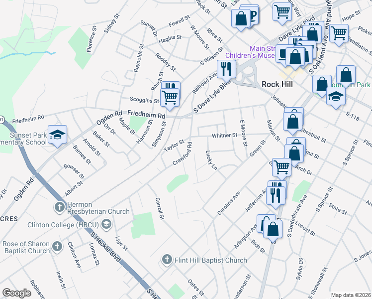 map of restaurants, bars, coffee shops, grocery stores, and more near 641 Crawford Road in Rock Hill