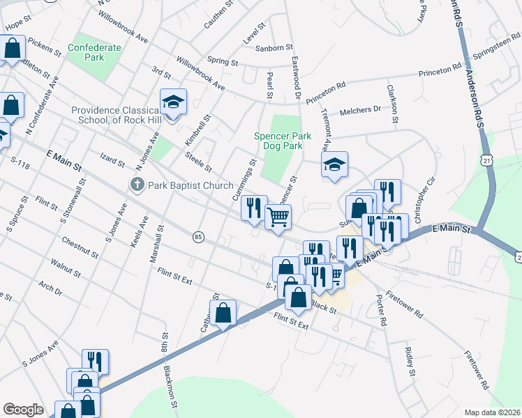 map of restaurants, bars, coffee shops, grocery stores, and more near 1133 Standard Street in Rock Hill