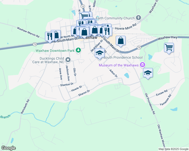 map of restaurants, bars, coffee shops, grocery stores, and more near 407 McCain Street in Waxhaw