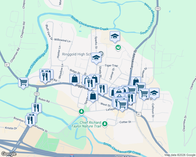 map of restaurants, bars, coffee shops, grocery stores, and more near 46 Shady Place in Ringgold