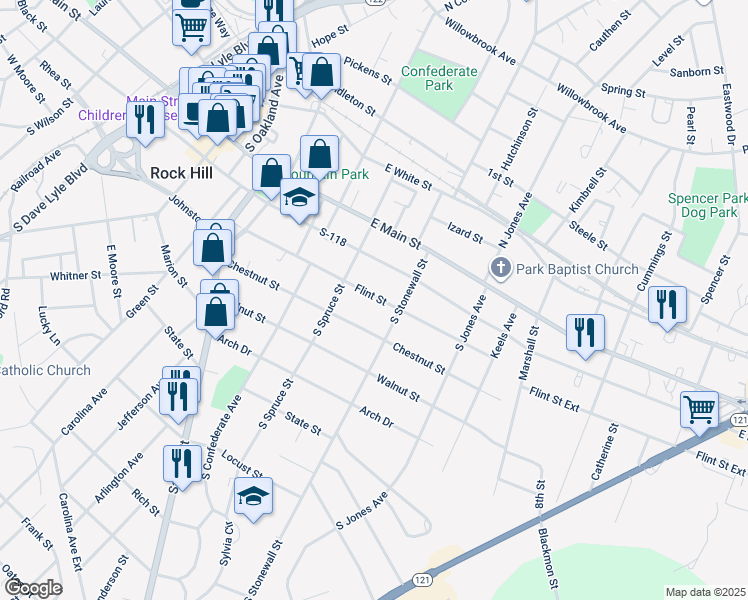 map of restaurants, bars, coffee shops, grocery stores, and more near 538 Flint Street in Rock Hill