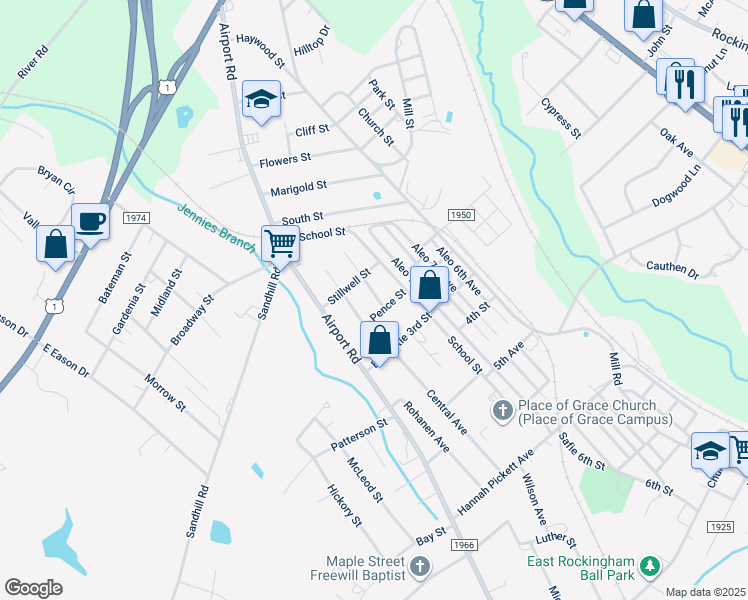 map of restaurants, bars, coffee shops, grocery stores, and more near 128 Watkins Avenue in Rockingham