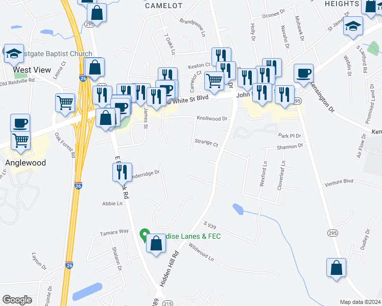 map of restaurants, bars, coffee shops, grocery stores, and more near 213 Strange Court in Spartanburg