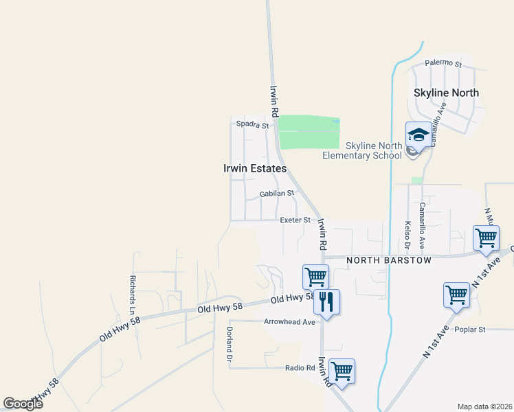 map of restaurants, bars, coffee shops, grocery stores, and more near 36848 Almaden Avenue in Barstow