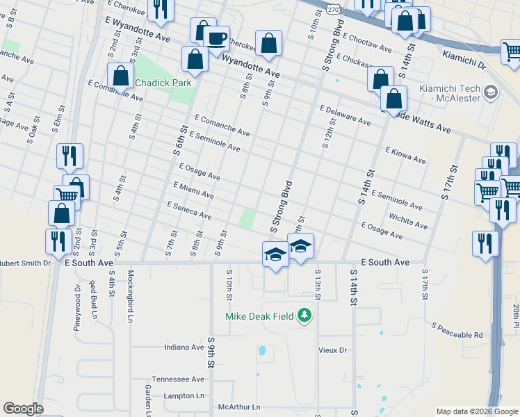 map of restaurants, bars, coffee shops, grocery stores, and more near 1002 East Osage Avenue in McAlester